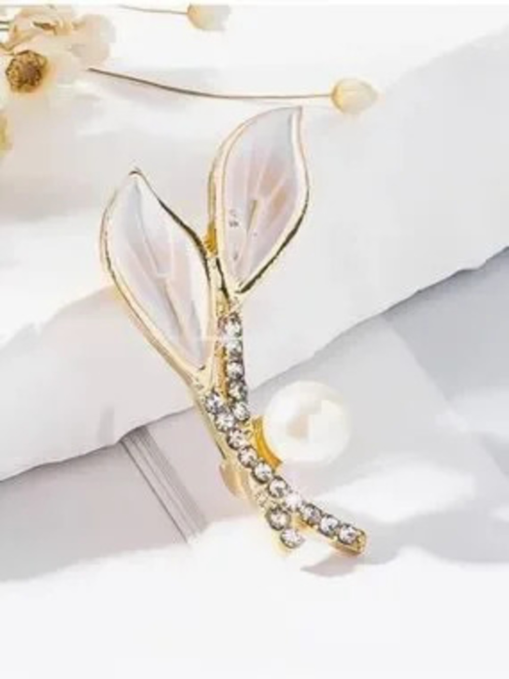 Gold Leaf Pearl & Crystal Brooch - Elegant Women Jewelry